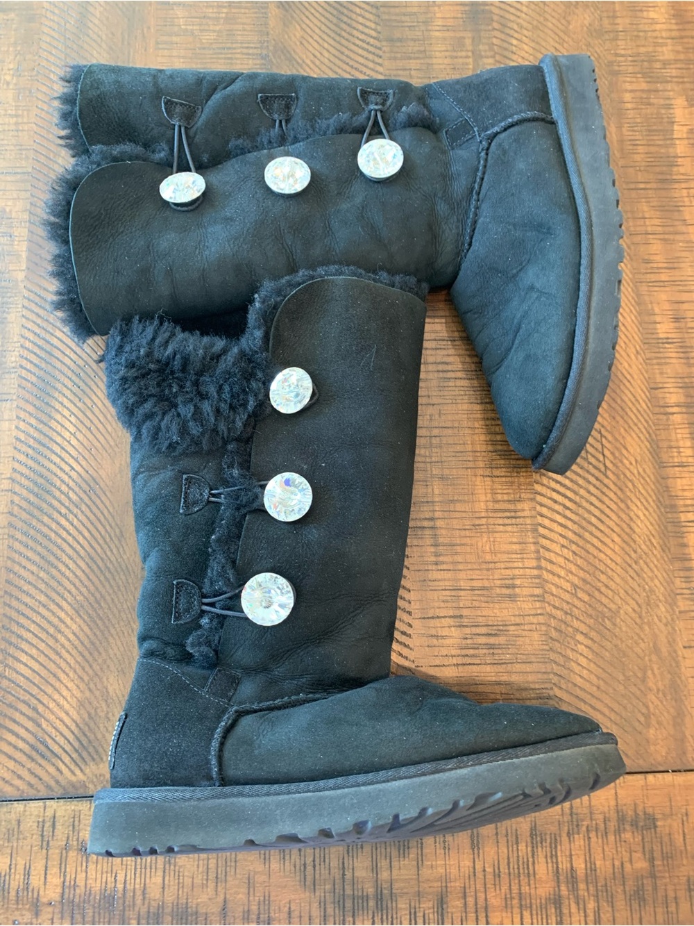 UGG Black Rhinestone Button-Accent Shearling Mid-Calf Boots